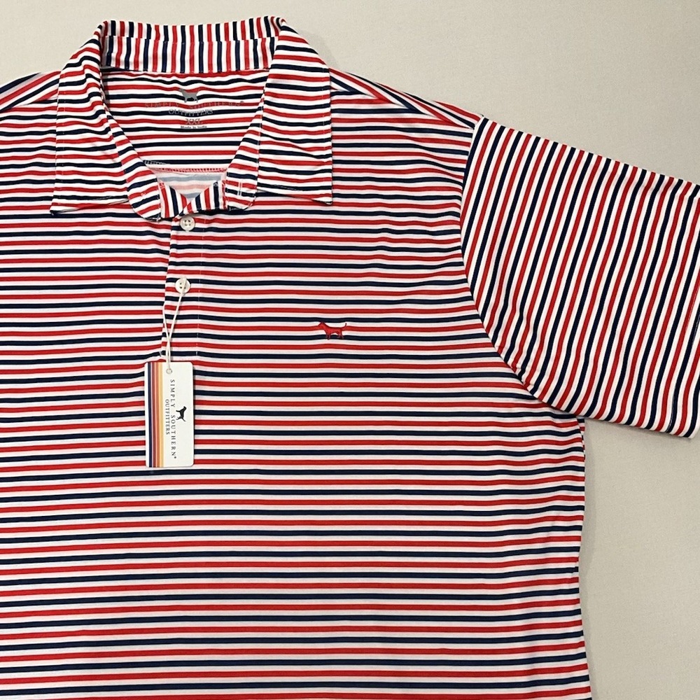 NWT Simply Southern Polo Shirt Men XXL Performance Stretch Striped Red Navy Golf